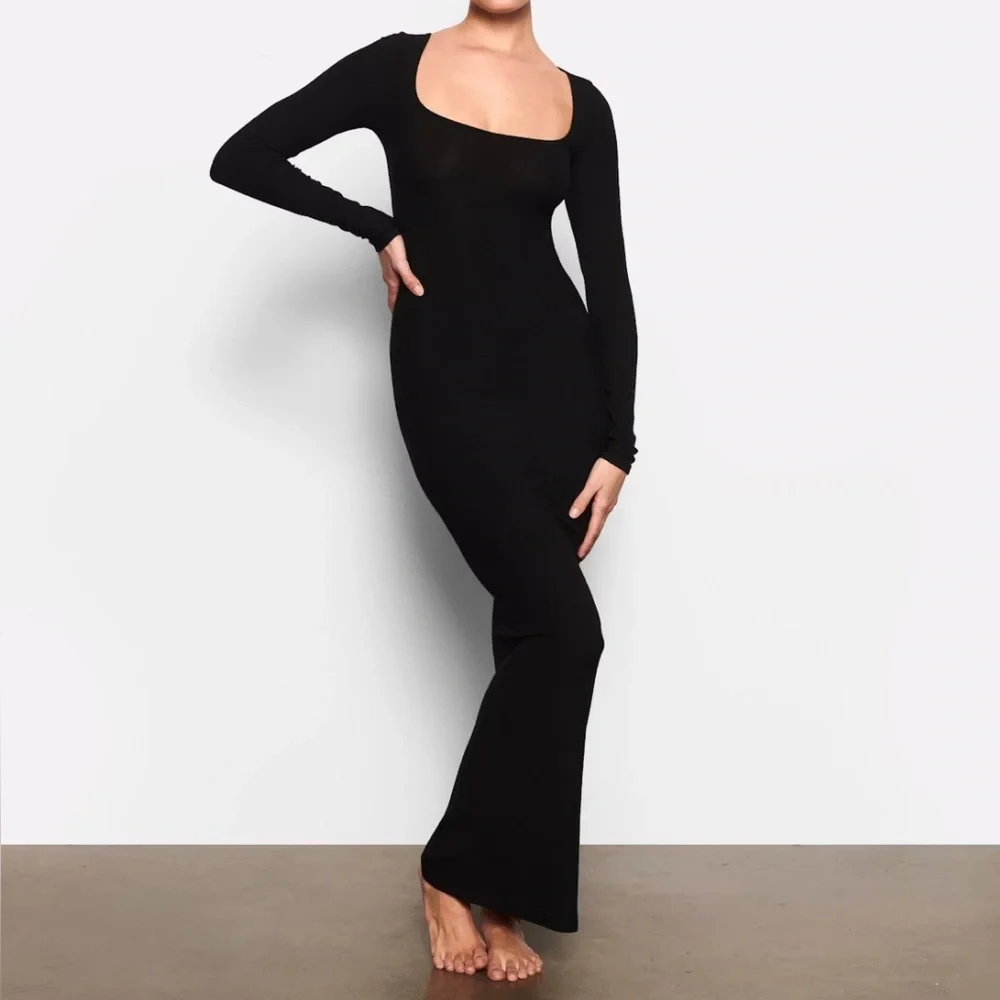 Skims Soft Lounge Long Sleeve Maxi Dress Square Neck Black Onyx Large Stretchy - Picture 1 of 7